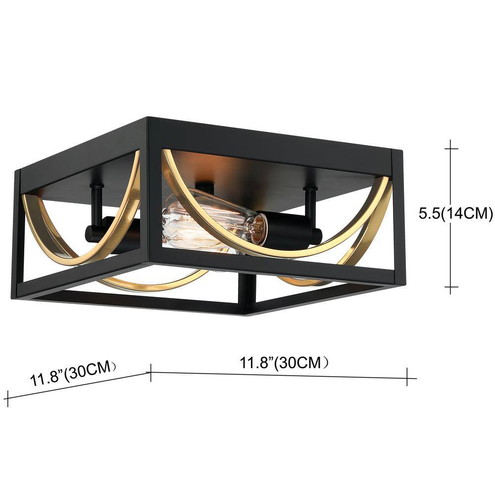 11.8 in. 2-Light Matte Black and Brass Square Flush Mount Ceiling Light - Hercitys