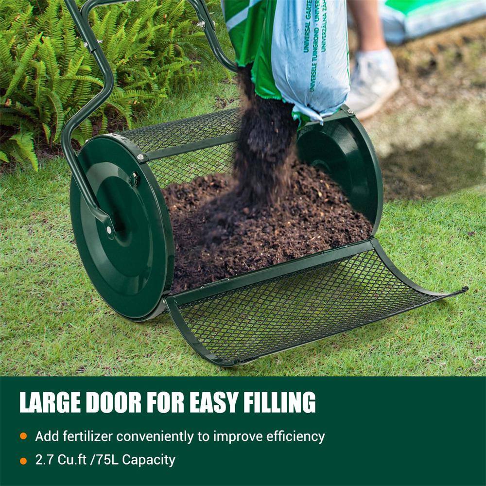 2.7 cu. ft. Metal Peat Moss Handheld Spreader Compost Spreader with Upgrade Side Latches and U-Shape Handle Green - Hercitys