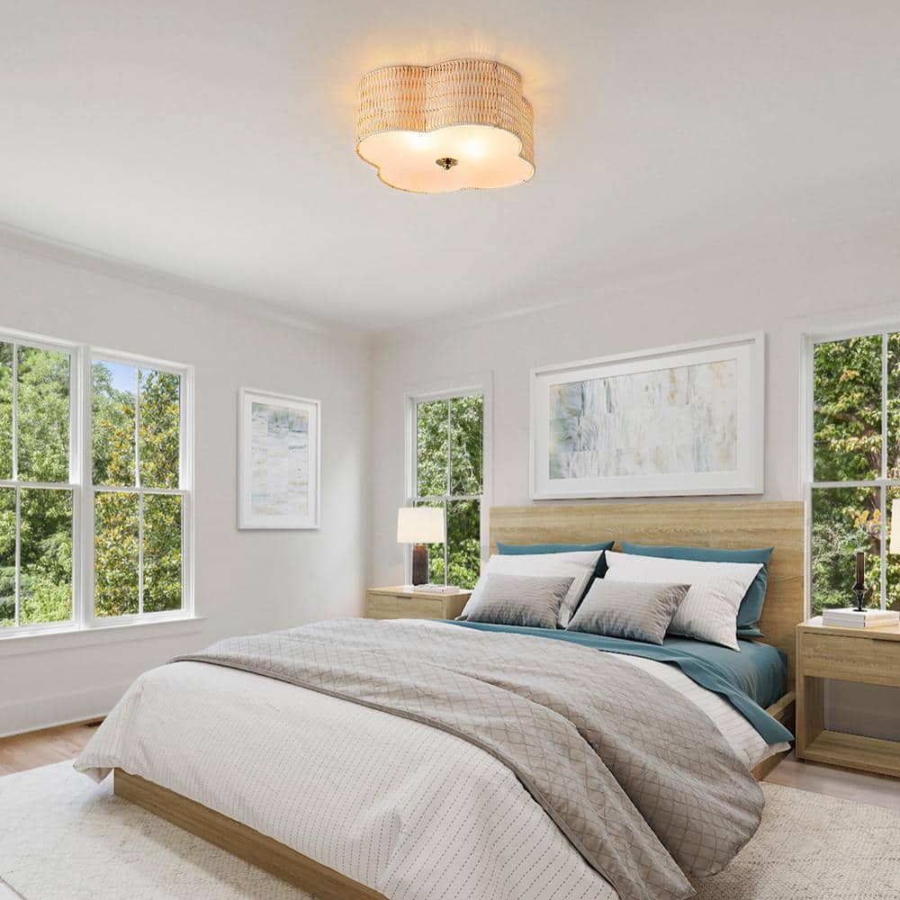 16.75 in. 2-Light Rattan Ceiling Flush Mount with Glass Bottom - Hercitys