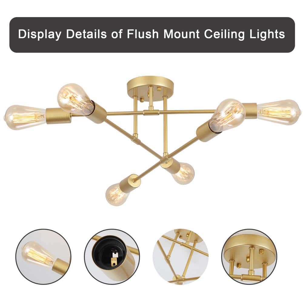 20.66 in. 6-Light Gold Sputnik Modern Semi-Flush Mount Ceiling Light - Hercitys