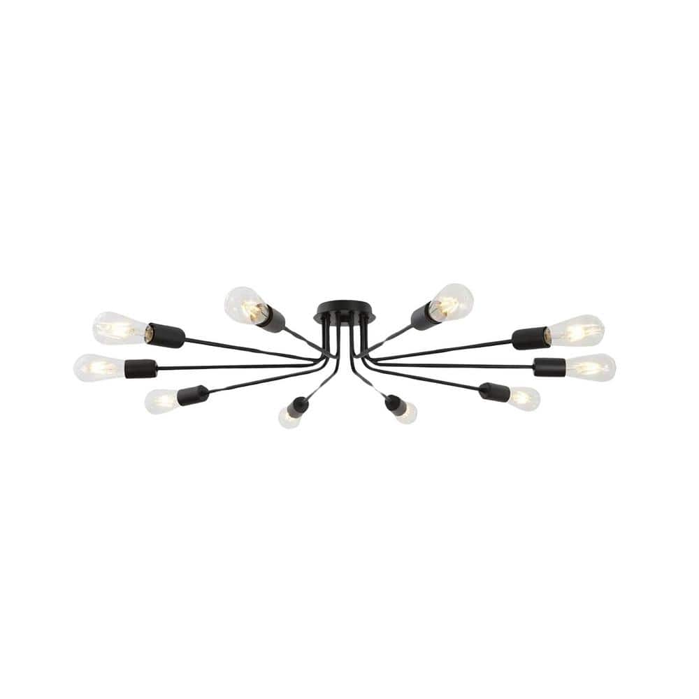 44.5 in. W 10-Light Black Sputnik Chandelier Semi Flush Mount Ceiling Light Fixture, E26, No Bulbs - Hercitys