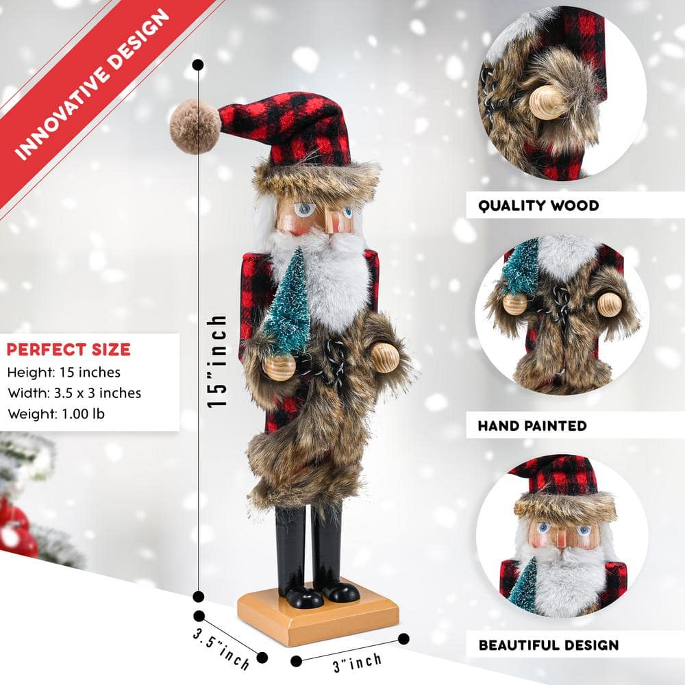 15 in. Wooden Nostalgic Santa Nutcracker-Red and Black Nutcracker with Plaid Coat and Brown Fur Holding a Xmas Tree - Hercitys
