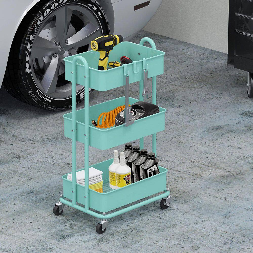 3-Tier Metal -Wheeled Utility Cart in Turquoise - Hercitys