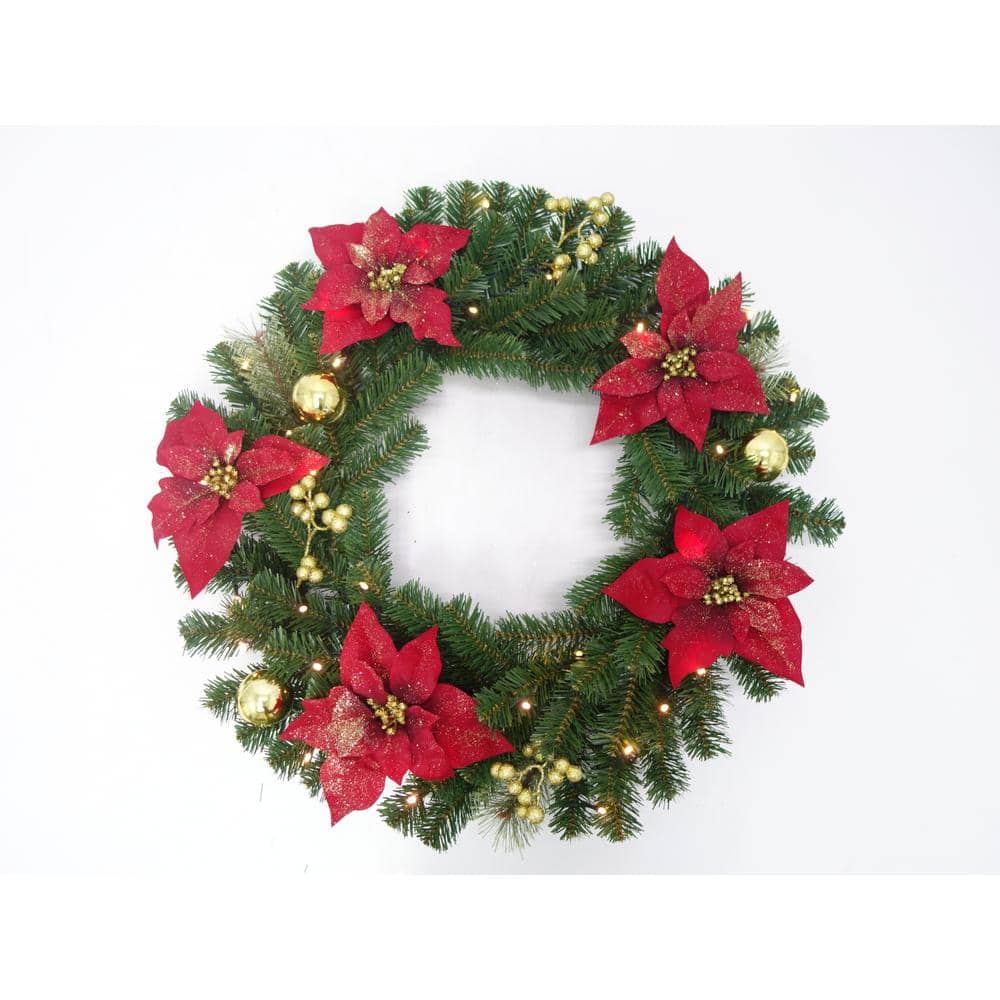 30 in. Pre-Lit LED Glittered Poinsettia Artificial Christmas Wreath with 35-Lights - Hercitys