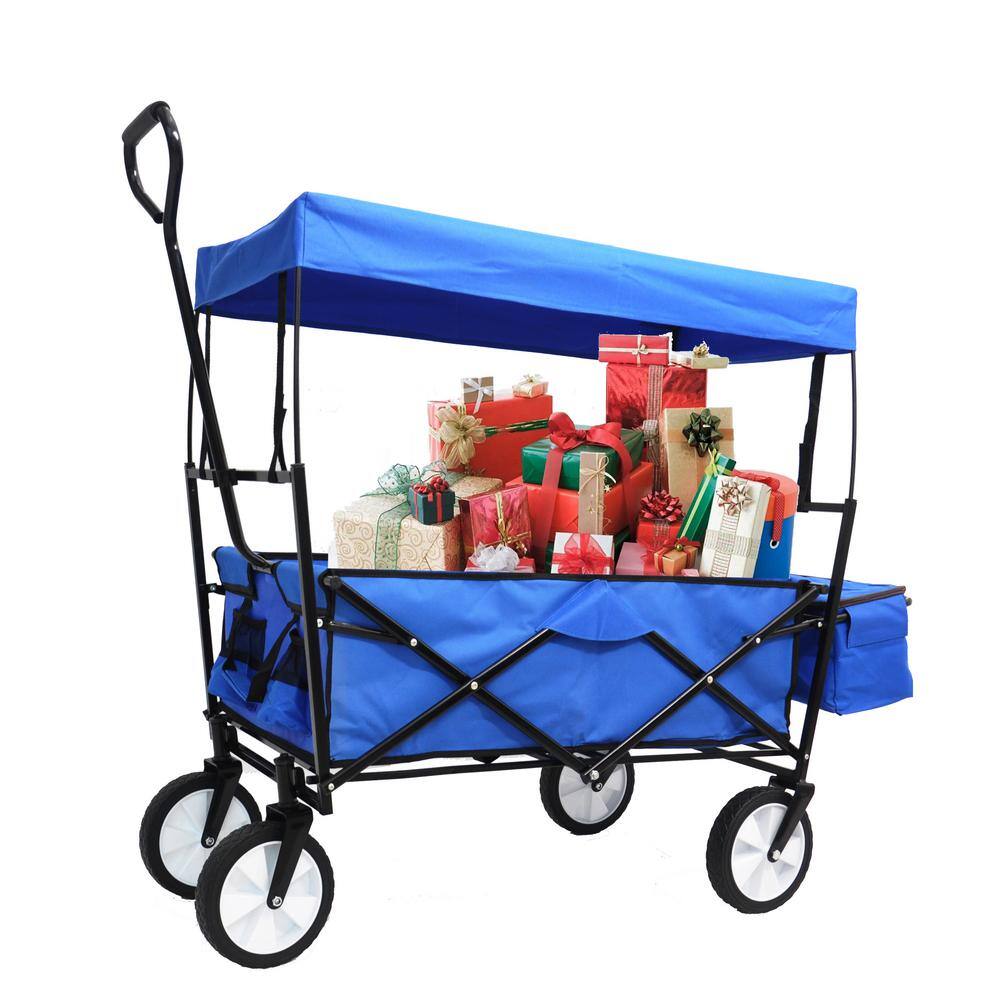 3.6 cu. ft. Metal Outdoor Folding Shopping Garden Cart with Canopy in Blue - Hercitys