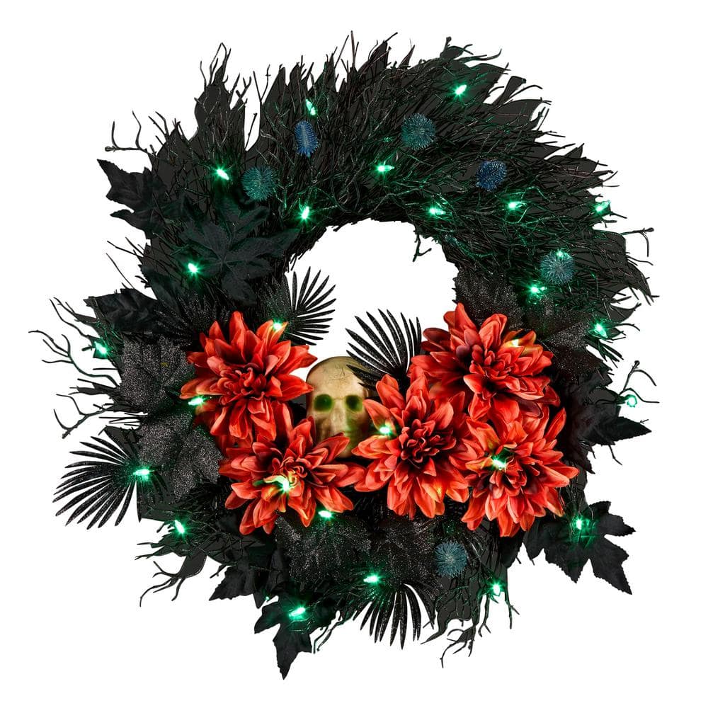 24 in. Boo-tiful Halloween Wreath with 30 Green LED Lights - Hercitys