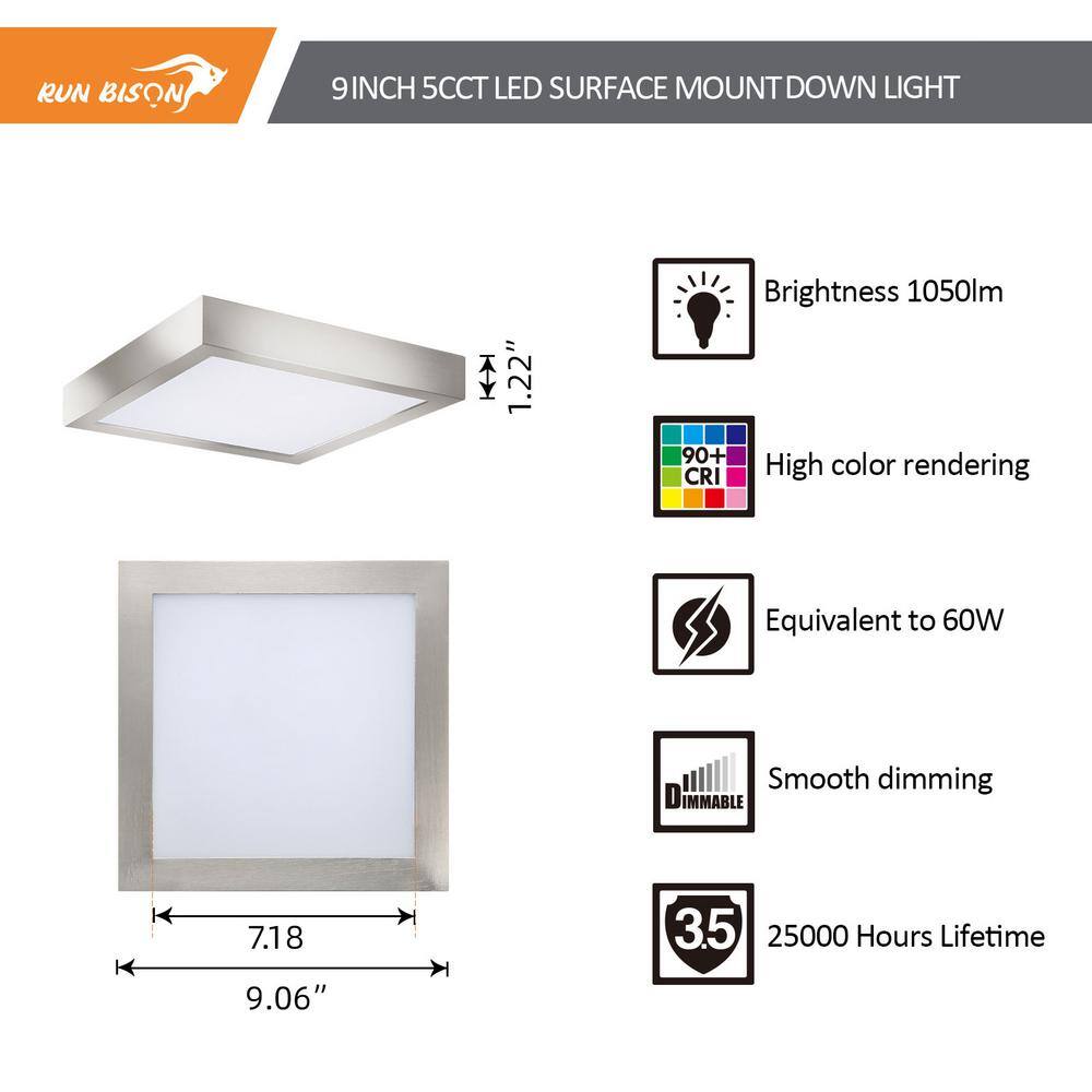 4-Pack 9 in. Brushed Nickel Selectable LED Integrated LED Flush Mount Square Downlight - Hercitys