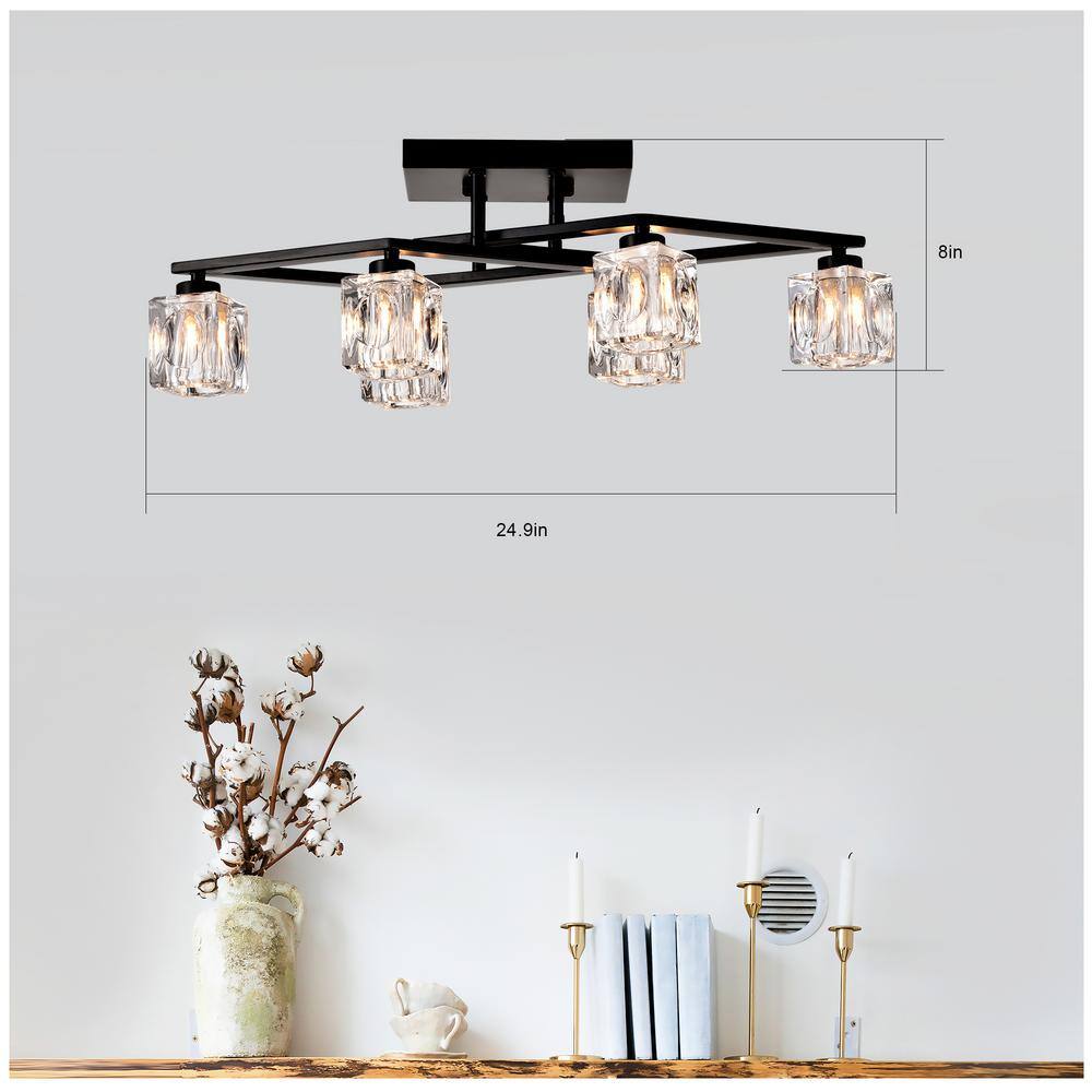 24.9 in. 6-Light Black Modern Semi-Flush Mount With Crystal Shade and 6-G9 Bulbs Included - Hercitys