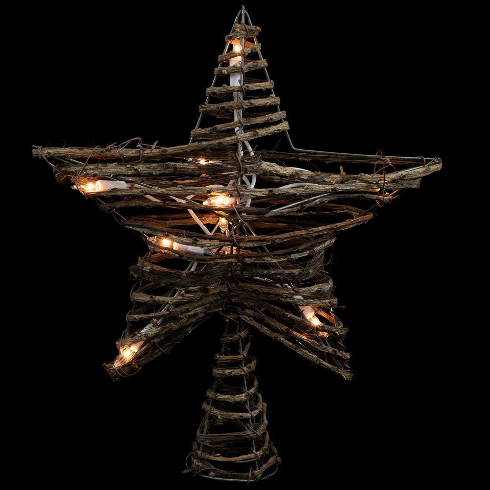 11.5 in. Natural Brown Rattan Star Christmas Tree Topper – Clear Lights - Hercitys