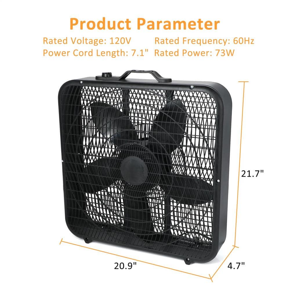 20 in. 3-Fan Speeds Box Fan in Black Finish Cooling Table Fan Aerodynamic Fan Blades with Carry Handle and Safety Grills - Hercitys