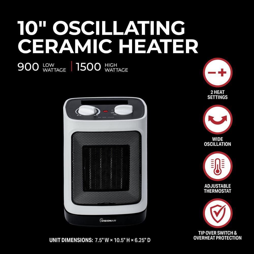 1500/900-Watt 10 in. Oscillating Ceramic Electric Forced Air Heater, White - Hercitys