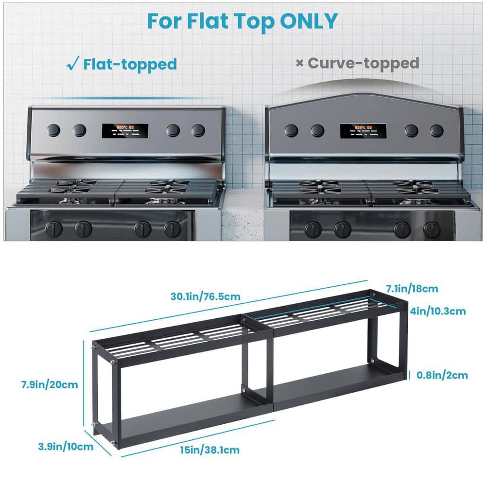 2-Tier 30 in. Black Over the Stove Magnetic Spice Rack with 2-Anti-slip Mats and 4-Hooks for Kitchen - Hercitys