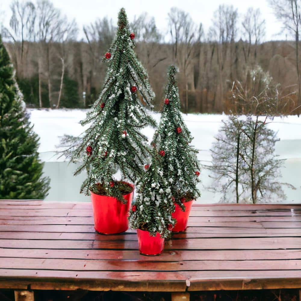12,18,24 in., Christmas Unlit Flocked Alpine Tabletop Centerpiece Trees in Metal Pot, (Set of 3) - Hercitys