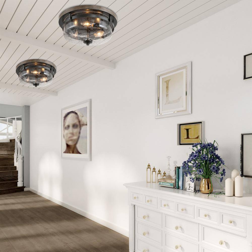 13.5 in. 3-Light Rough Black/Dark Gray Drum Semi-Flush Mount with Faux Wood Textured Plate & Clear Seeded Glass Shade - Hercitys