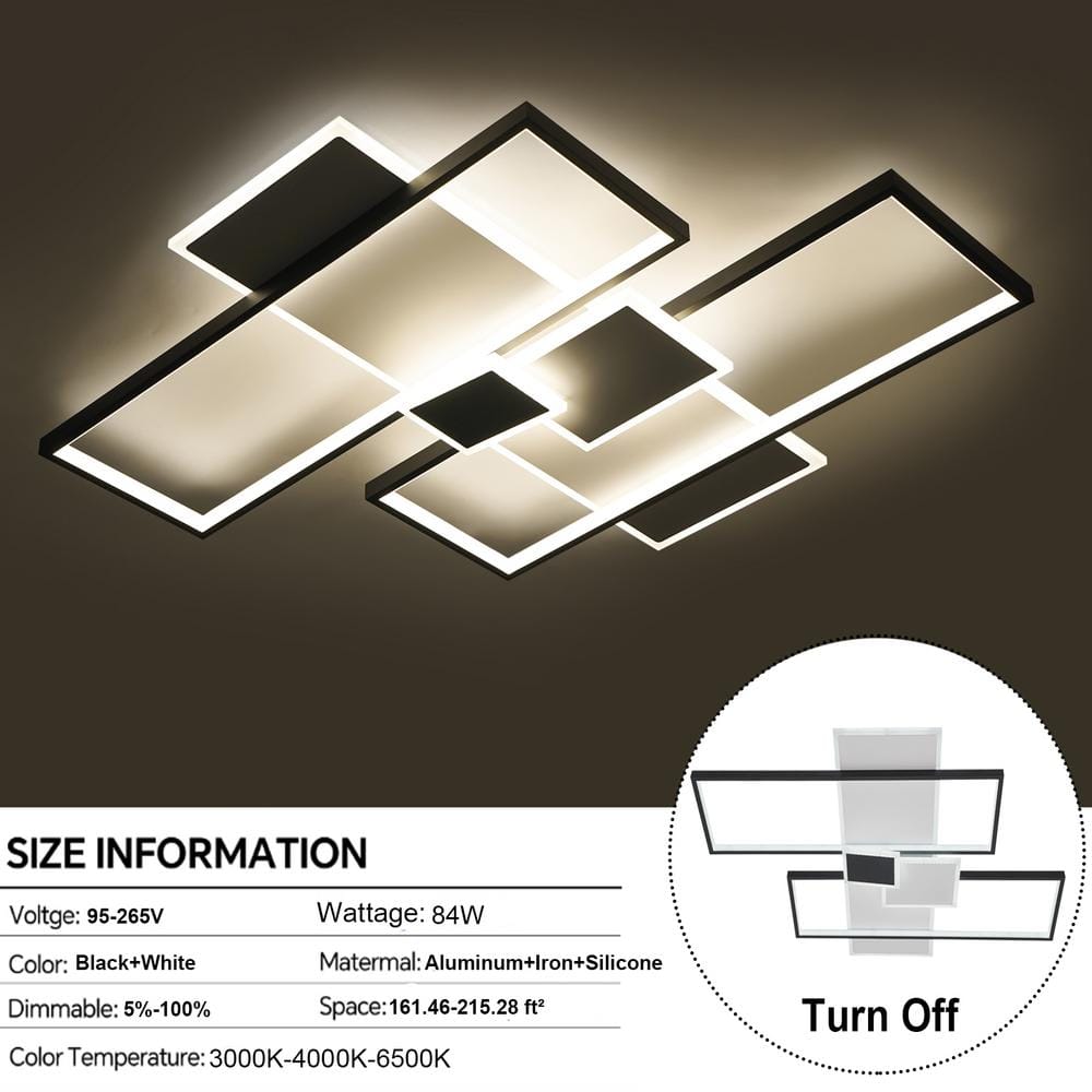 32.28 in. 5-Light Black and White Modern Rectangular Selectable LED Semi-Flush Mount Ceiling Light with Remote - Hercitys