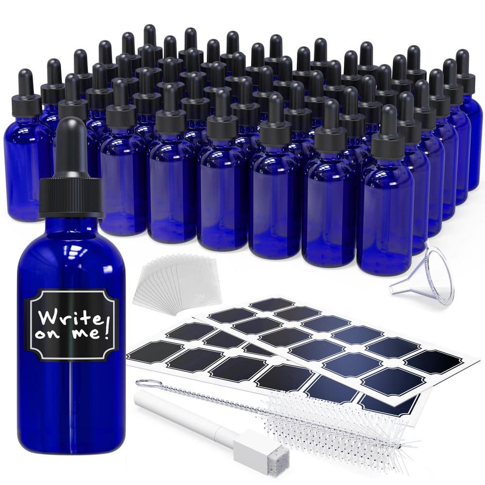 2 oz. Glass Dropper Bottles with Funnel, Brush, Marker and Labels – Blue (Pack of 48) - Hercitys