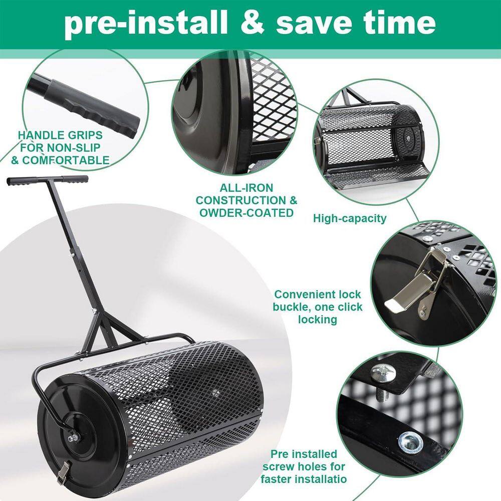 24 in. Metal Roller Lawn Spreader with T Shaped Handle for Planting Seeding Durable Metal Mesh Spreader, Black - Hercitys