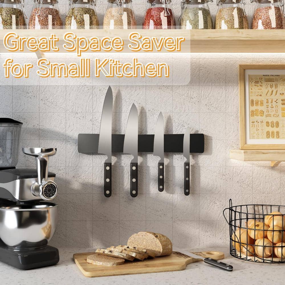 5-Knife 16 in. Black Acacia Wood Knife Magnetic Strip, Powerful Magnetic Knife Bar, Knife Holder Knife Rack for Kitchen - Hercitys
