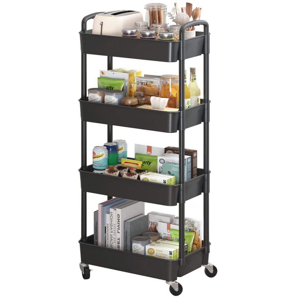 4-Tier Plastic -Wheeled Storage Utility Cart in Black - Hercitys