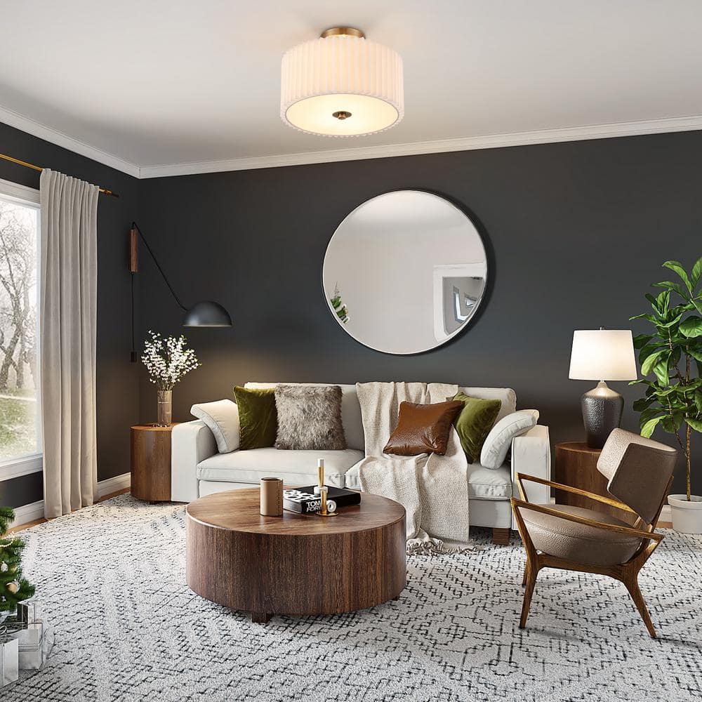 13 in. 2-Light Gold Semi Flush Mount with Pleated Drum Shade - Hercitys