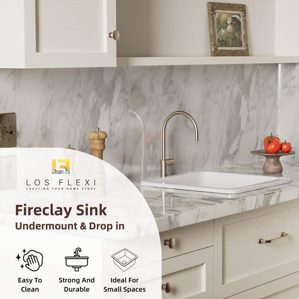 18 in. White Undermount Kitchen Sink, Dual Mount Square Fireclay Sink, Deep Single Bowl with Grid and Drain Strainer - Hercitys