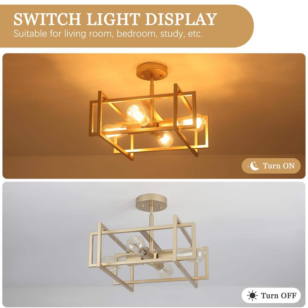 14.96 in. 4-Light Geometric Gold Modern Semi-Flush Mount Ceiling Light with No Bulbs Included - Hercitys