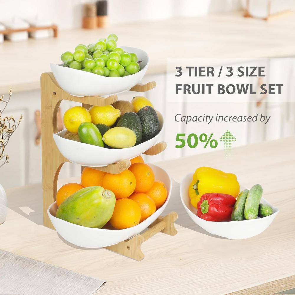 3-Tier Fruit Bowl Ceramic Countertop with Bamboo Stand in White - Hercitys