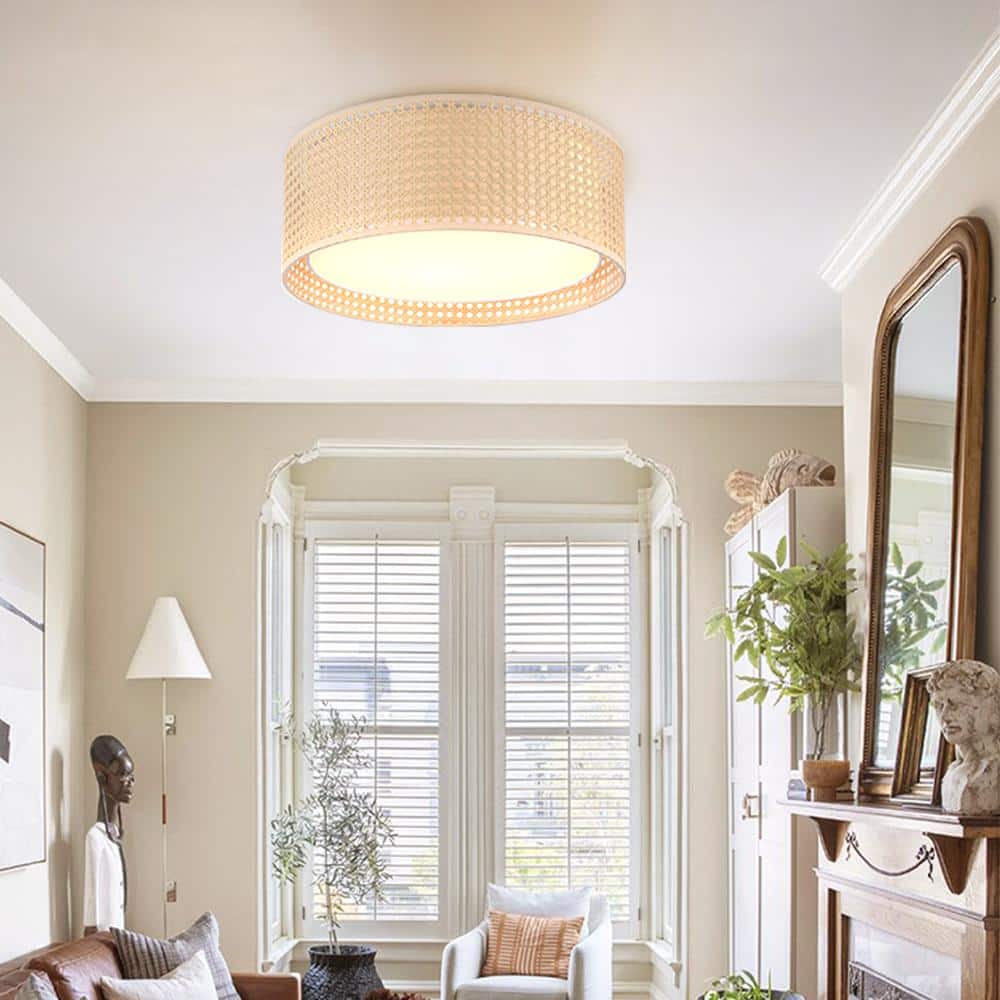 19.7 in. Modern 5-Light Khaki Flush Mount Ceiling Light Fixture with Rattan and Fabric Double Drum Shade - Hercitys