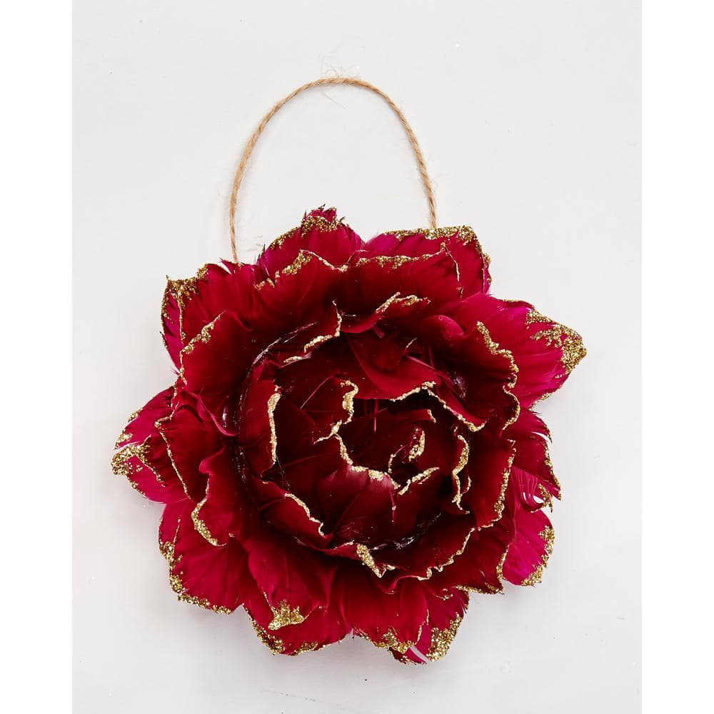 3 in. Glittered Tip Feather Flower Ornament, Burgundy (Set of 6) - Hercitys