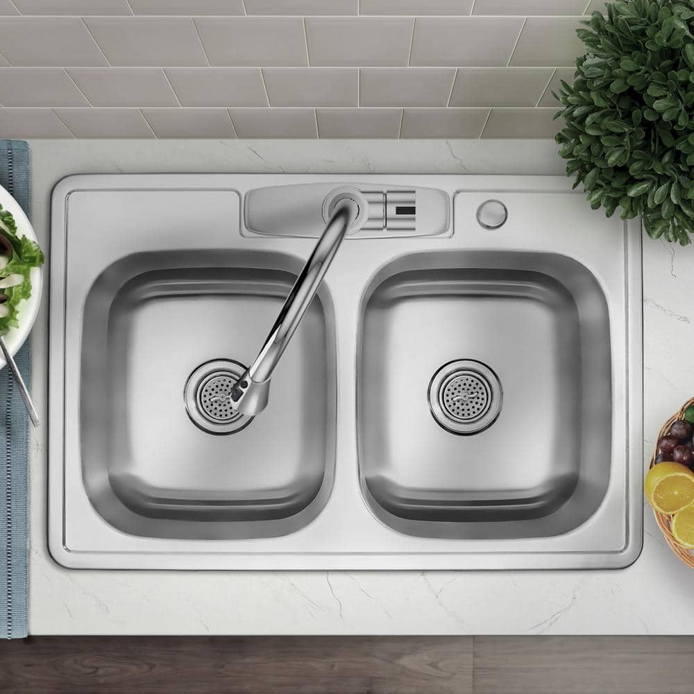 33 in. Drop-In Double Bowl 50/50-20-Gauge Stainless Steel Kitchen Sink - Hercitys