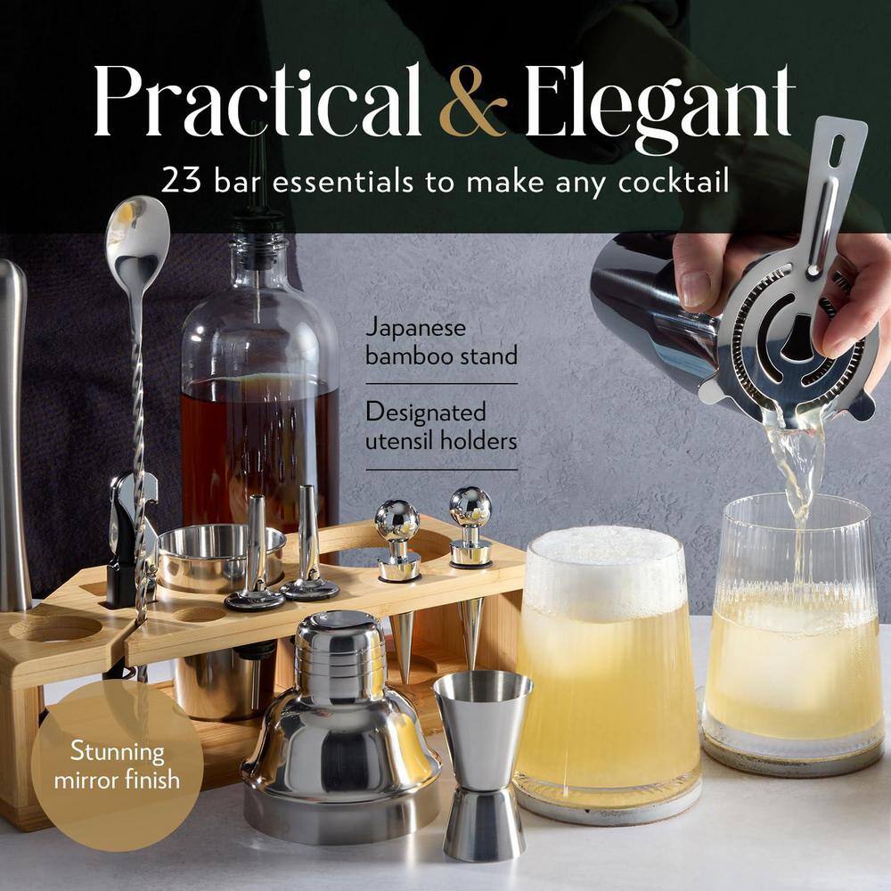 23-Piece 24 oz. Silver Stainless Steel Cocktail Shaker Set with Bamboo Stand, Drink Shaker, Mixer Spoon and Muddler - Hercitys