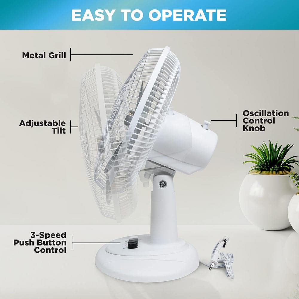 17 in. 3 Speed Oscillating Table Fan with Adjustable Tilt, Convenient Push Button Controls, White - Hercitys
