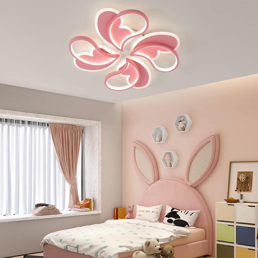 ​​19.68 in. 1-Light Pink & White Modern Petal-Shaped Dimmable Selectable LED Semi-Flush Mount Ceiling Light with Remote - Hercitys