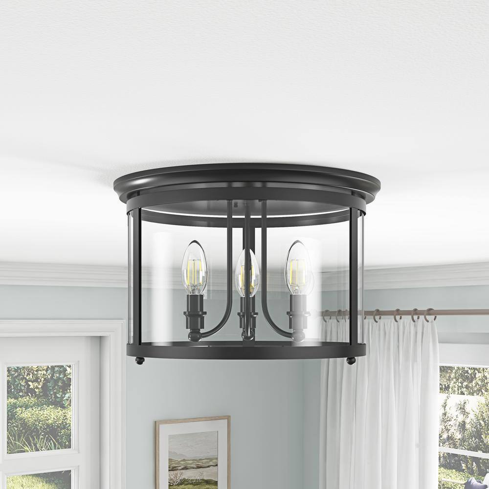 14.37 in. 3-Light Industrial Black Flush Mount Modern Ceiling Lighting Fixture with Clear Glass Shade - Hercitys