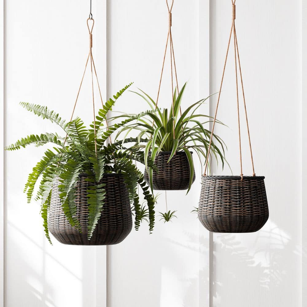 13 in. W, 10 in. W and 8 in. W Indoor Outdoor Brown Resin Rattan Hanging Basket Planters with Black Accents, (Set of 3) - Hercitys