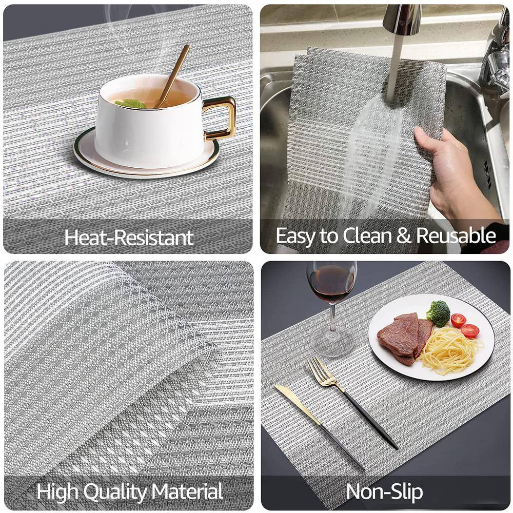 18 in. x 12 in. Grey Glitter Vinyl Weave Placemats (Set of 4) - Hercitys
