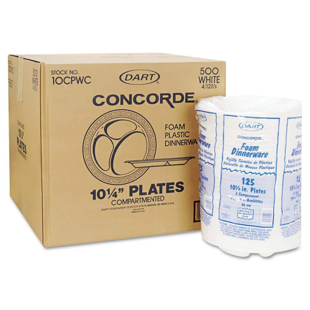 10-1/4 in. Concorde Non-Laminated 3-Compartment Foam Plastic Plates in White (500 Per Case) - Hercitys