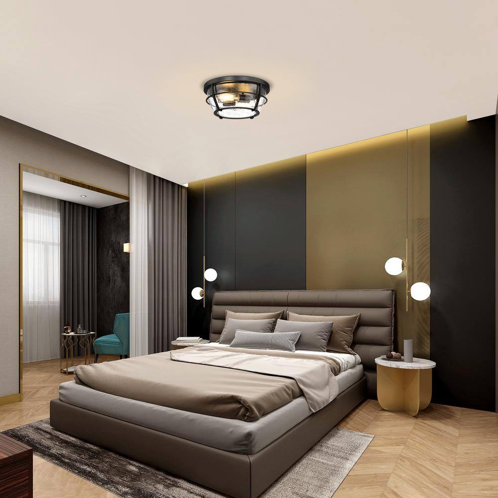 12.8 in. 2-Light Matte Black Barreled Cage Flush Mount Ceiling Light - Hercitys