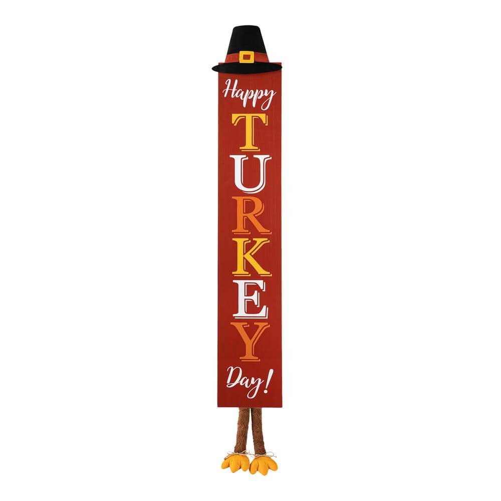 58.5 in. H Thanksgiving Wooden HAPPY TURKEY DAY Porch Sign with Fabric Dangling Legs - Hercitys