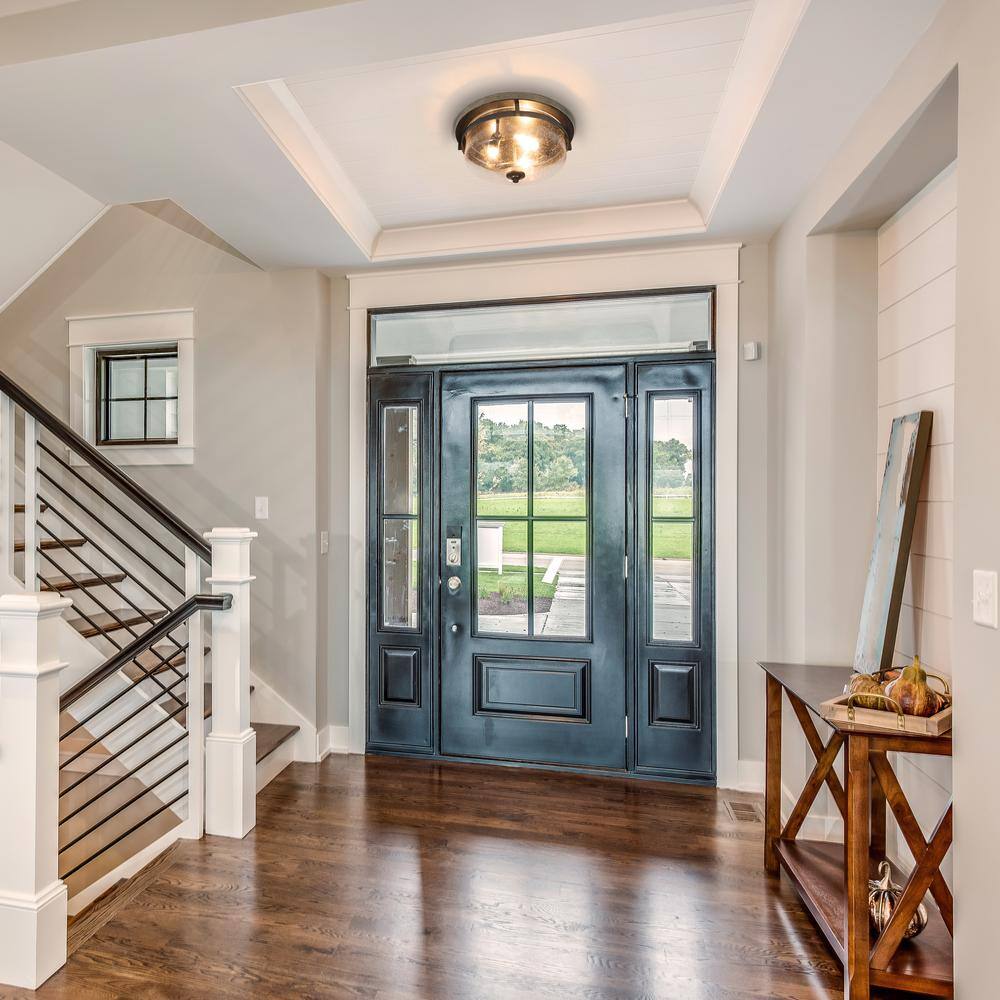 13.5 in. 3-Light Rough Black/Dark Gray Drum Semi-Flush Mount with Faux Wood Textured Plate & Clear Seeded Glass Shade - Hercitys