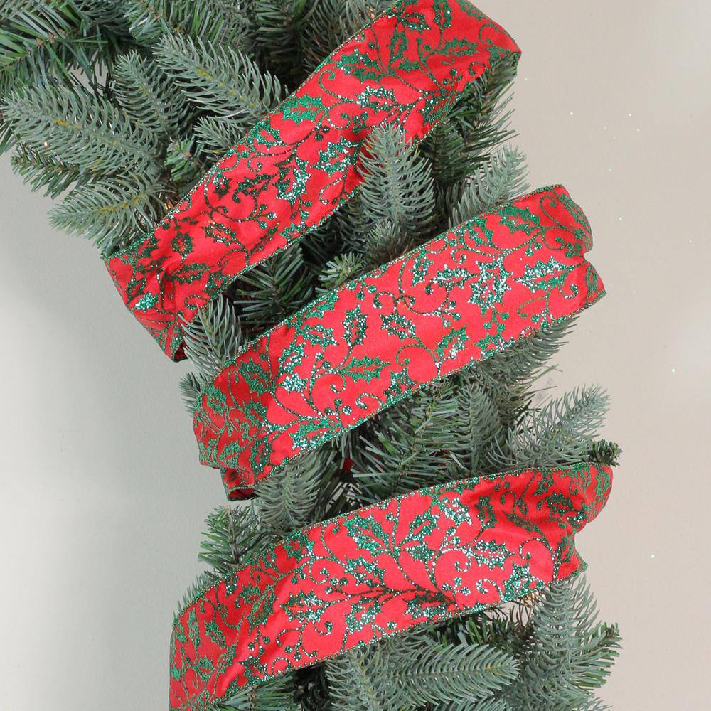 2.5 in. x 16 yds. Sparkly Red and Green Holly Wired Craft Ribbon - Hercitys