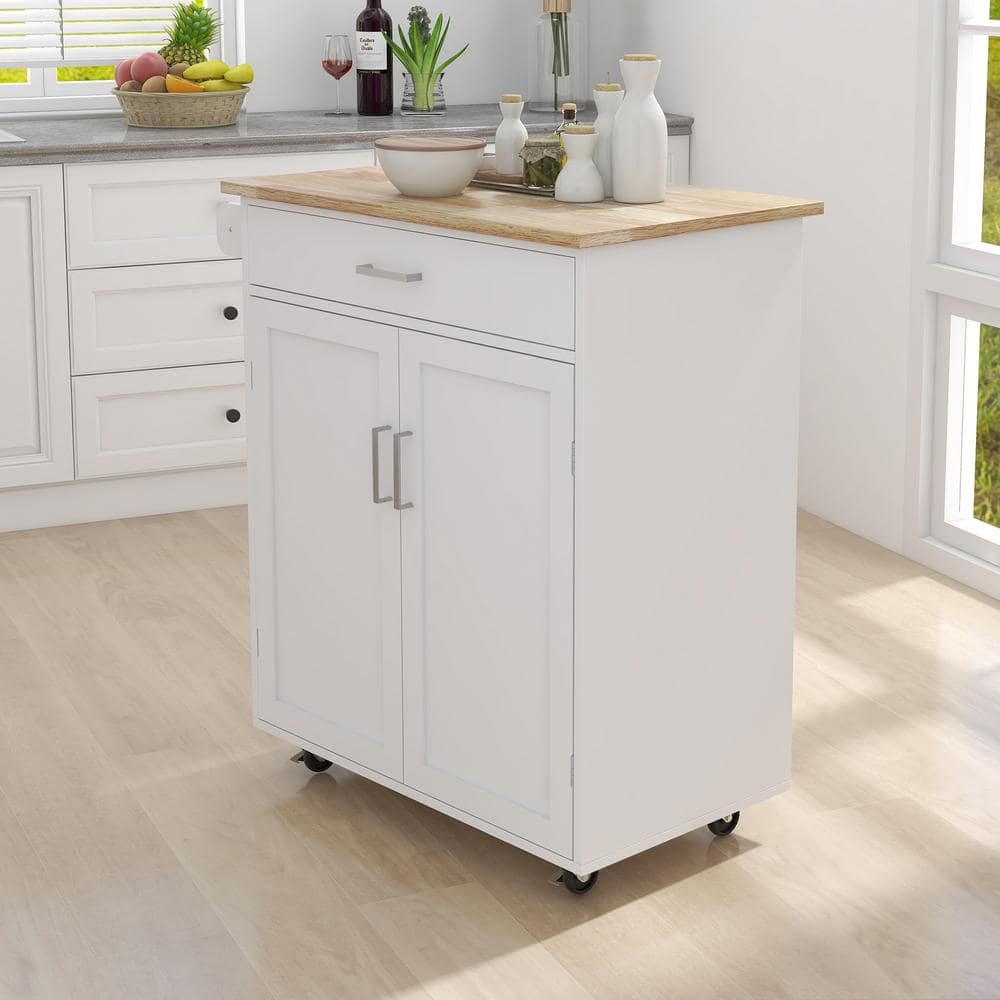 32.68 in. W Kitchen Cart in White with Solid Rubberwood Countertop - Hercitys