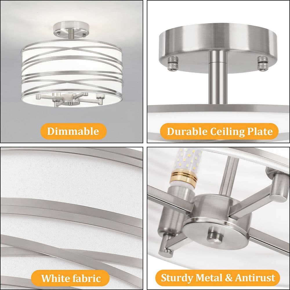 12.99 in. 4-Light Modern Silver Metal and Fabric Drum Semi Flush Mount Ceiling Light Fixture - Hercitys