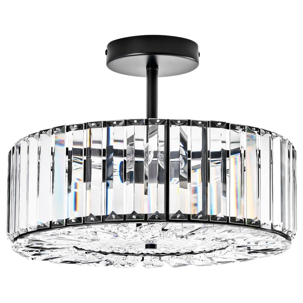 15 in. 4-Light Black Crystal Semi Flush Mount Ceiling Light With Clear Glass Shade - Hercitys