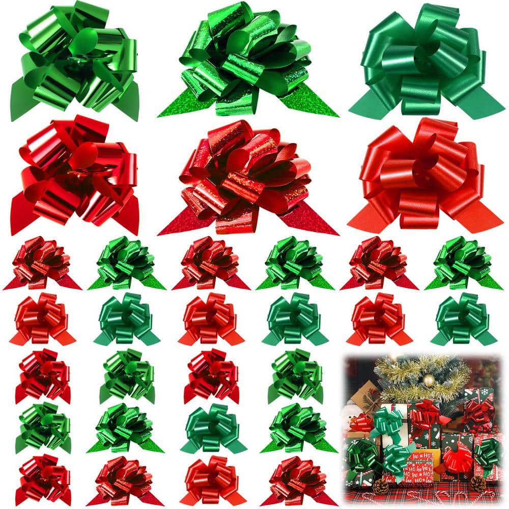 5 in. 100-Piece Christmas Wrap Pull Bows, Green Red Christmas Wrapping Bows for Holiday Baskets Box Decoration - Hercitys