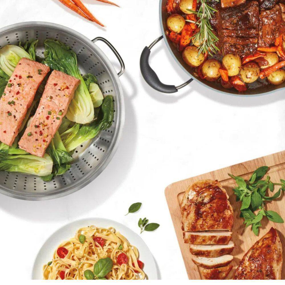 4-Piece Set 4.5 Qt. Multi-Purpose Pan with Lid Cover, Steamer, Slotted Turner in Creme de la Creme - Hercitys