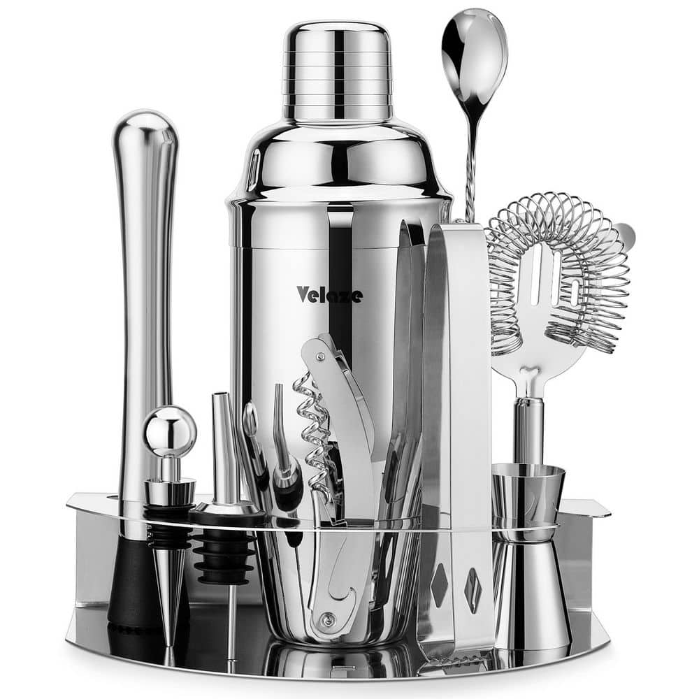 10-Piece Silver Stainless Steel Cocktail Shaker Set Cocktail Shaker 850ml with Pourer Stopper Muddler Mixing Spoon etc. - Hercitys