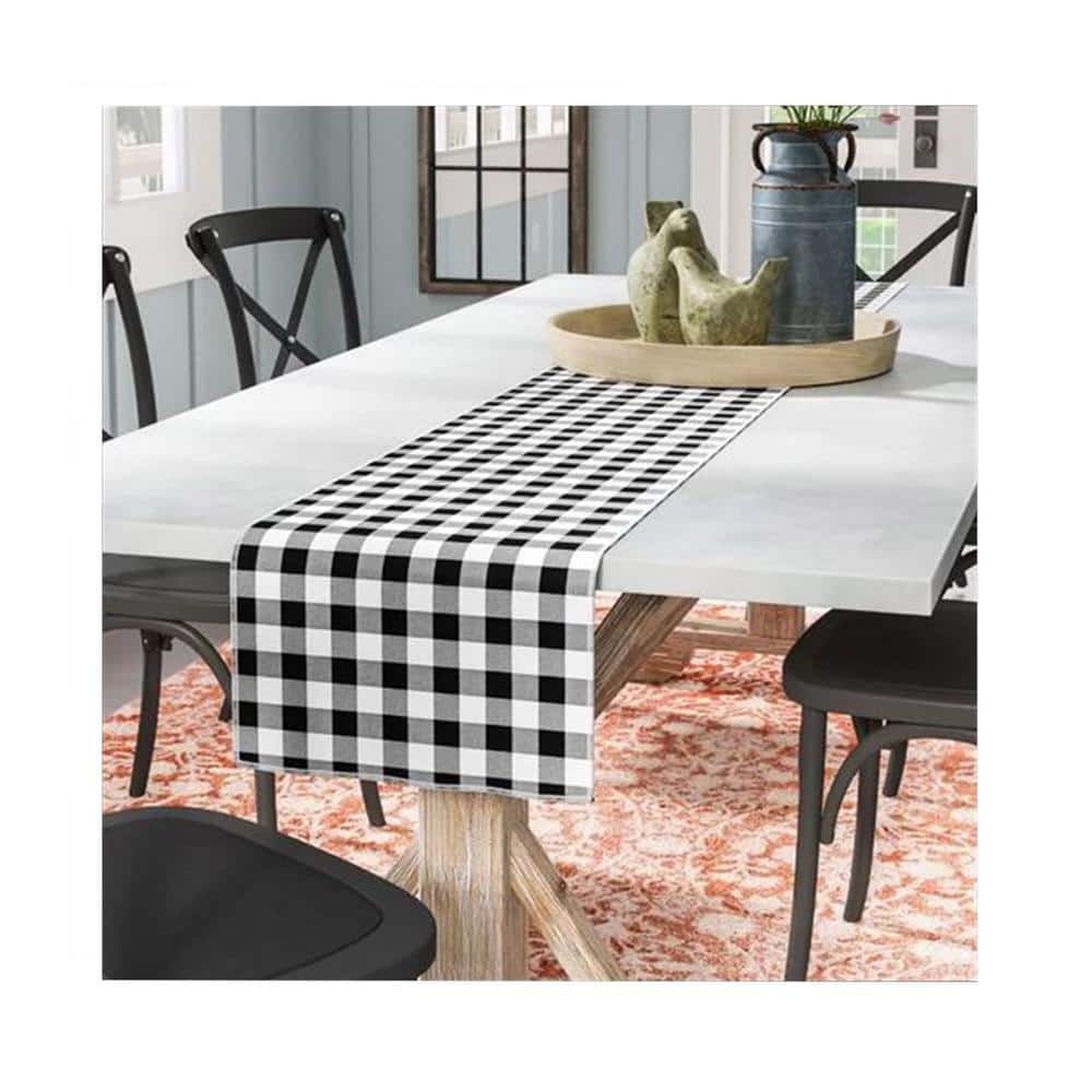 14 in. x 108 in. White and Black Polyester Gingham Checkered Table Runner - Hercitys
