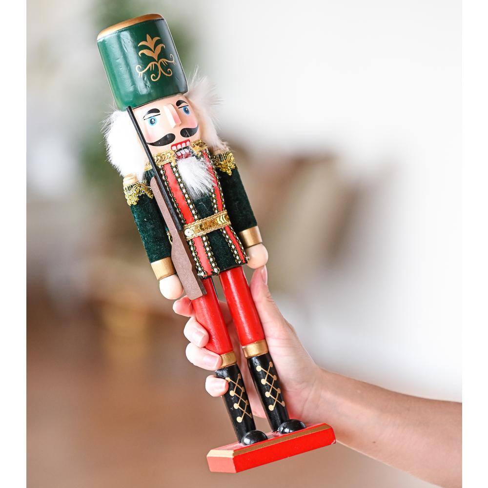15 in. Wooden Christmas Toy Soldier Nutcracker-Red and Black Nutcracker Soldier with a Rifle Gun, Holiday Nutcracker - Hercitys