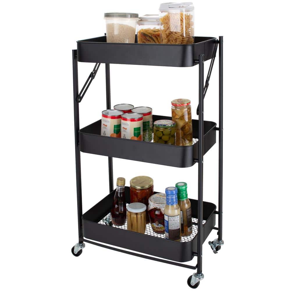 3-Tier Folding Utility Rolling Storage Cart in Black - Hercitys